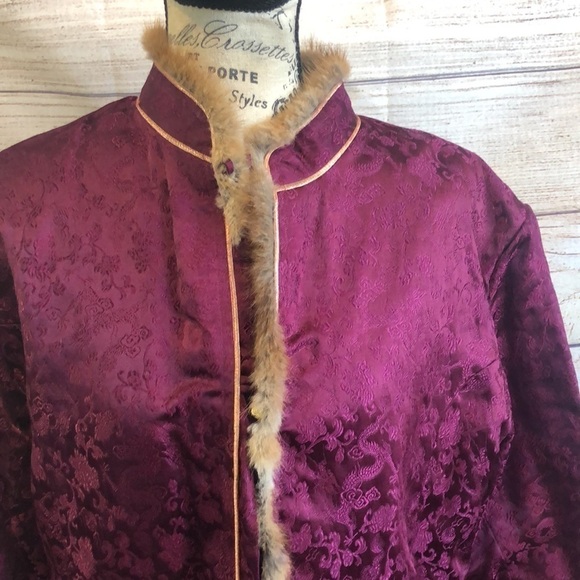 Fur Trimmed Plaid Brocade Jacket REVERSIBLE Button Down Handmade Funky Artsy - Picture 6 of 16